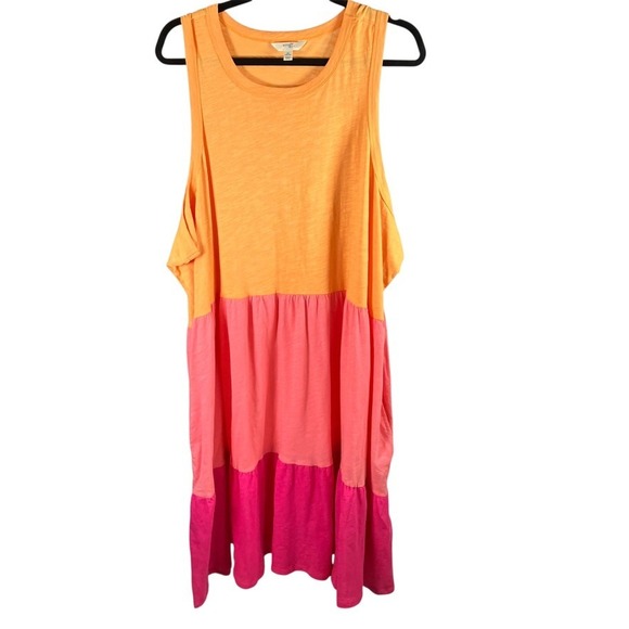 Terra Sky Women Dress 3X Orange Pink Colorblock Sleeveless Tiered Casual Pockets - Picture 1 of 12